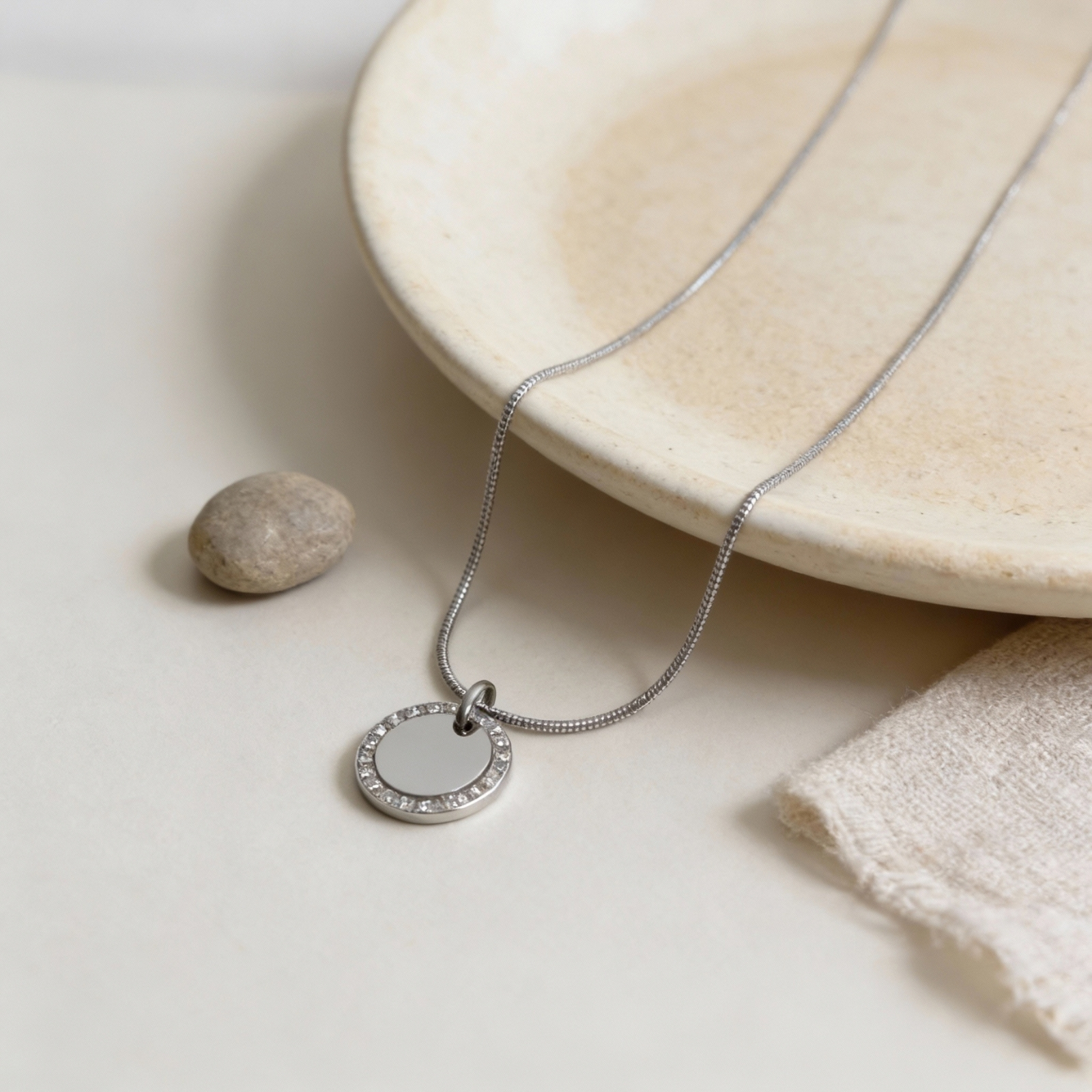 Zircon Halo Necklace, Stainless Steel 15mm Round Pendant, Custom Engraved Zircon Halo Necklace, Stainless Steel 15mm Round Pendant, Custom Engraved