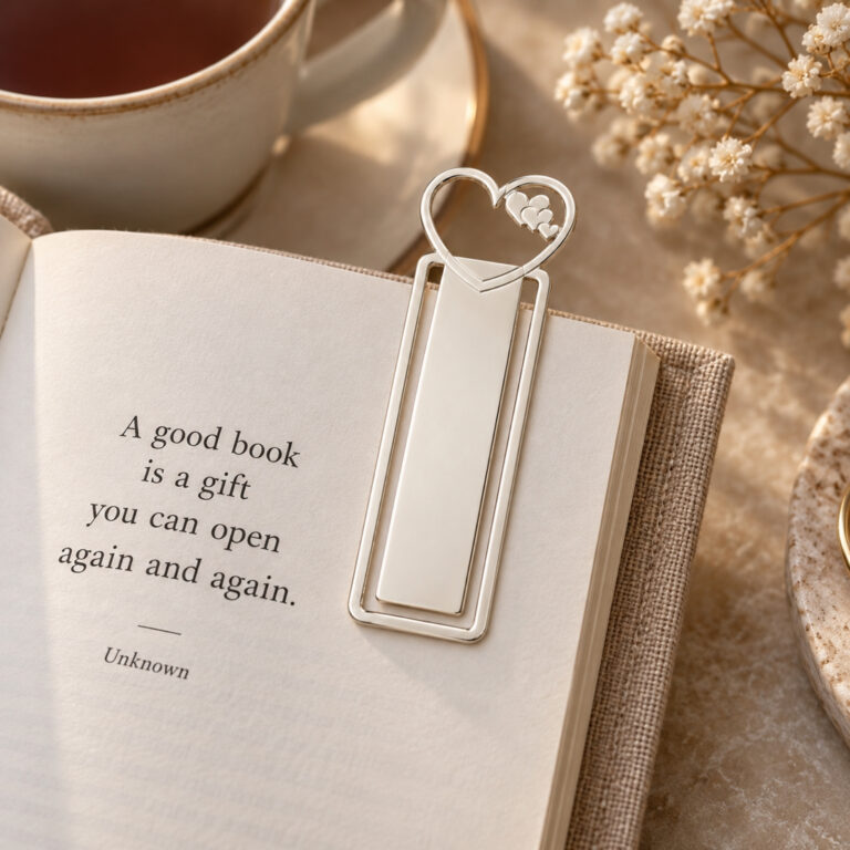 Silver heart bookmark clipped on the page of an open book next to a cup of tea, a cozy reading gift