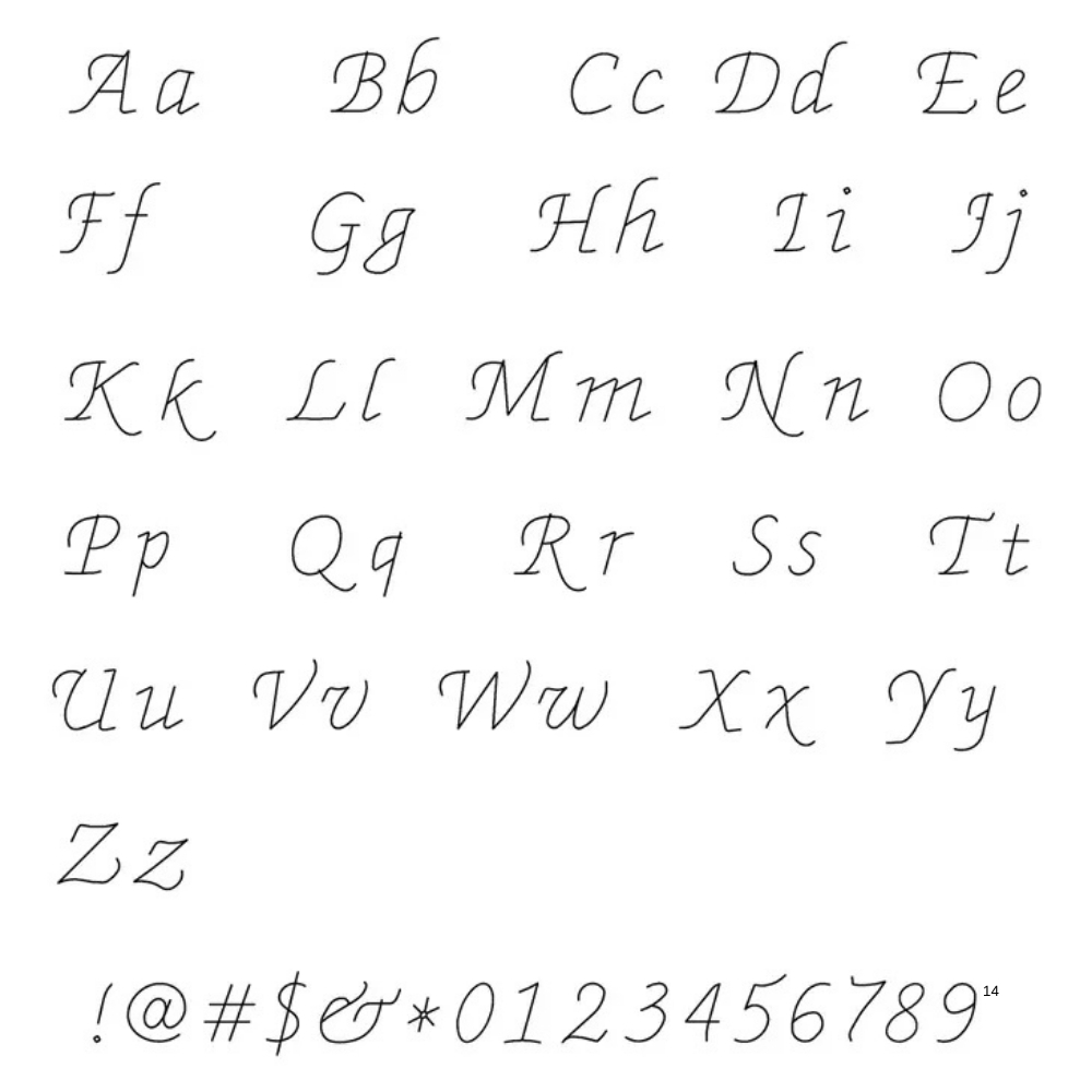 Script font alphabet and numbers for heart necklace name engraving