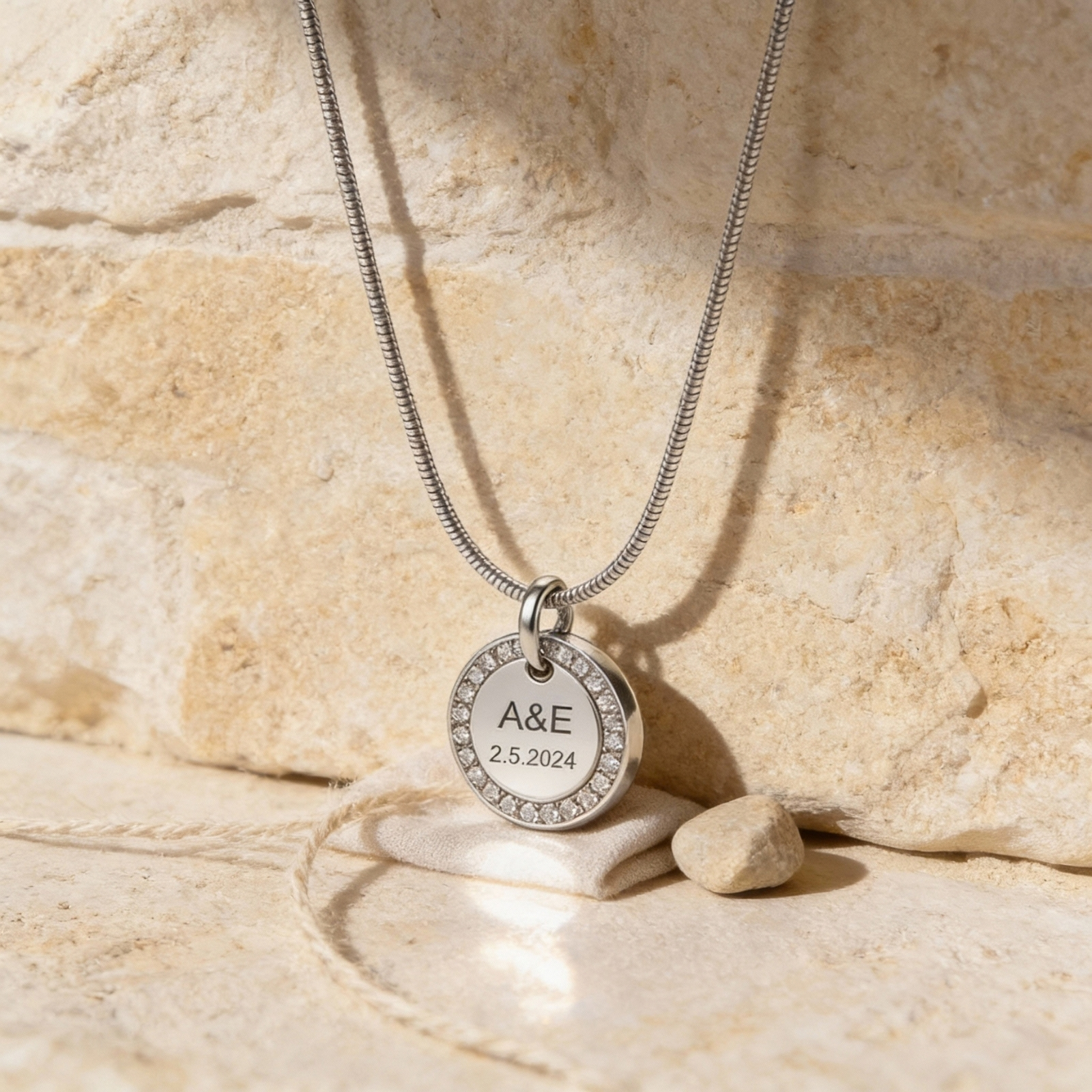 Zircon Halo Necklace, Stainless Steel 15mm Round Pendant, Custom Engraved Zircon Halo Necklace, Stainless Steel 15mm Round Pendant, Custom Engraved
