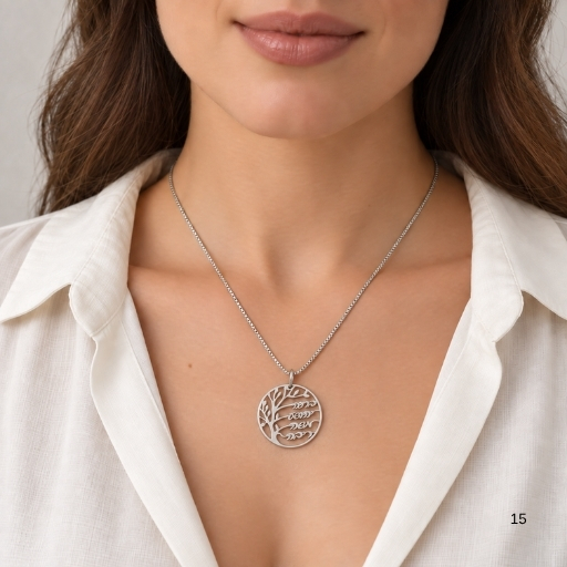 Woman wearing a sterling silver family tree necklace with names