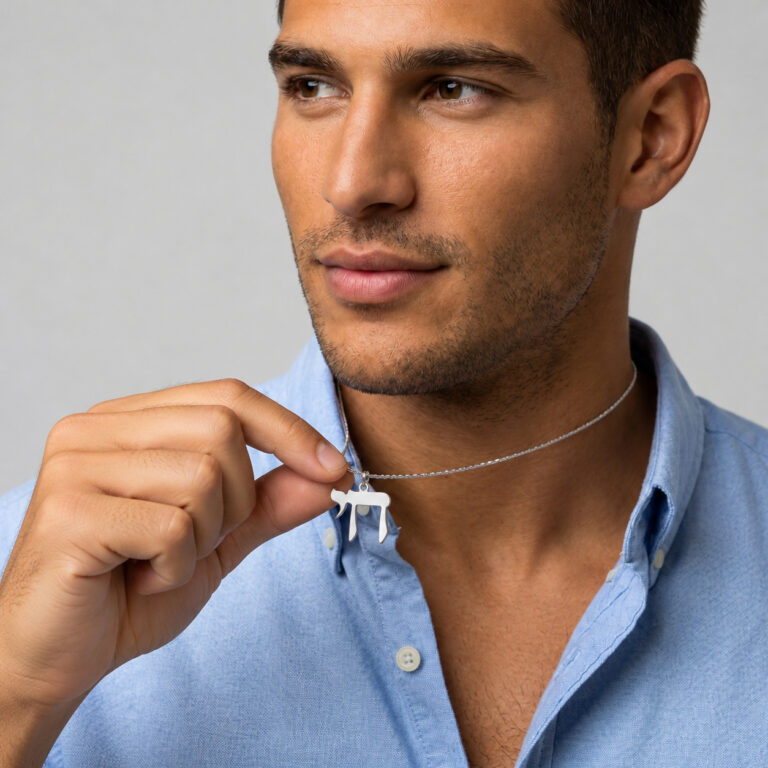 Man holding a sterling silver Chai pendant between his fingers to show its small 17.6 mm size, Jewish necklace for men