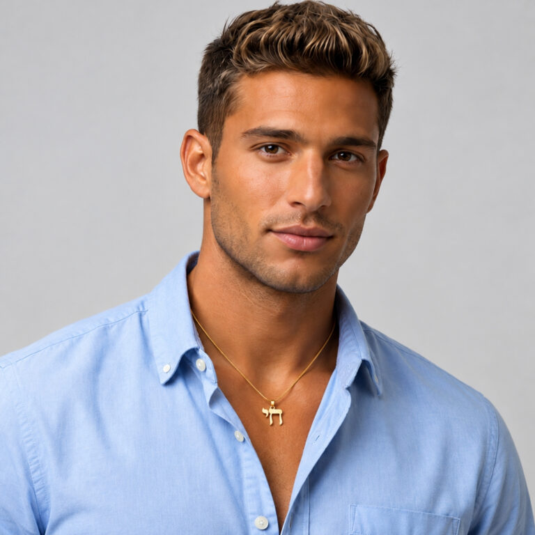 Man in a blue shirt wearing a 14K gold Chai necklace, men's Jewish pendant shown at real size on the body