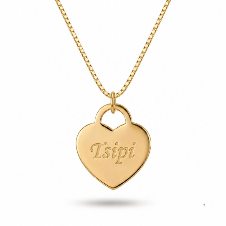 14K solid yellow gold heart necklace engraved with a name, white background