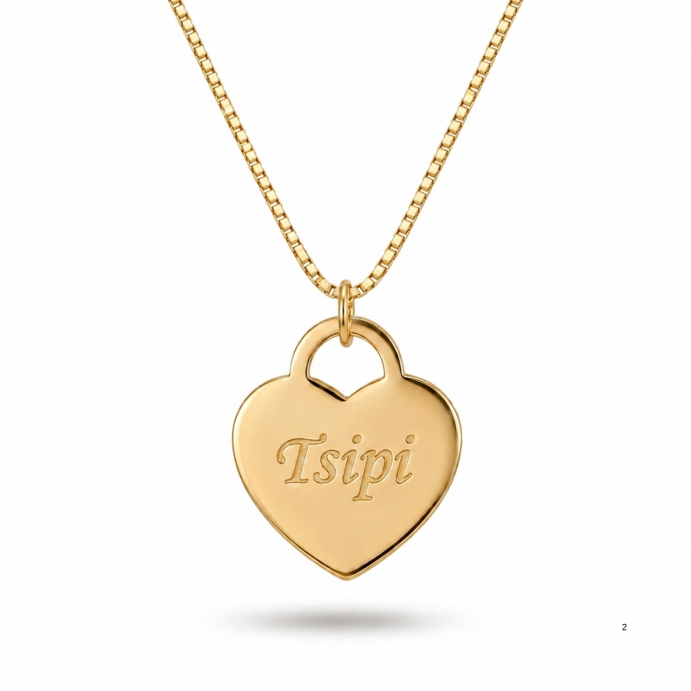 14K solid yellow gold heart necklace engraved with a name, white background