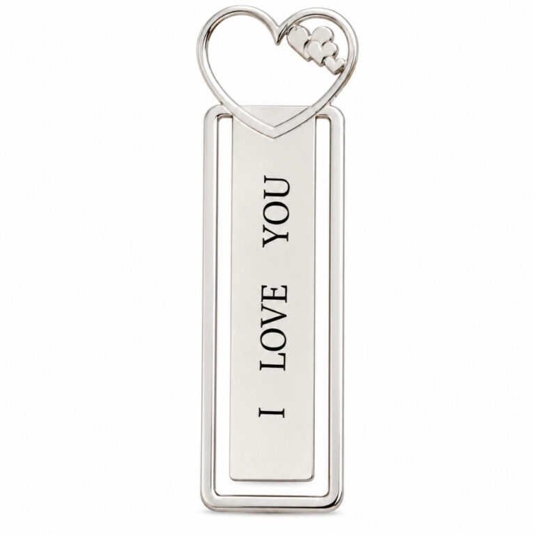 Sterling silver heart bookmark engraved with I LOVE YOU, white background