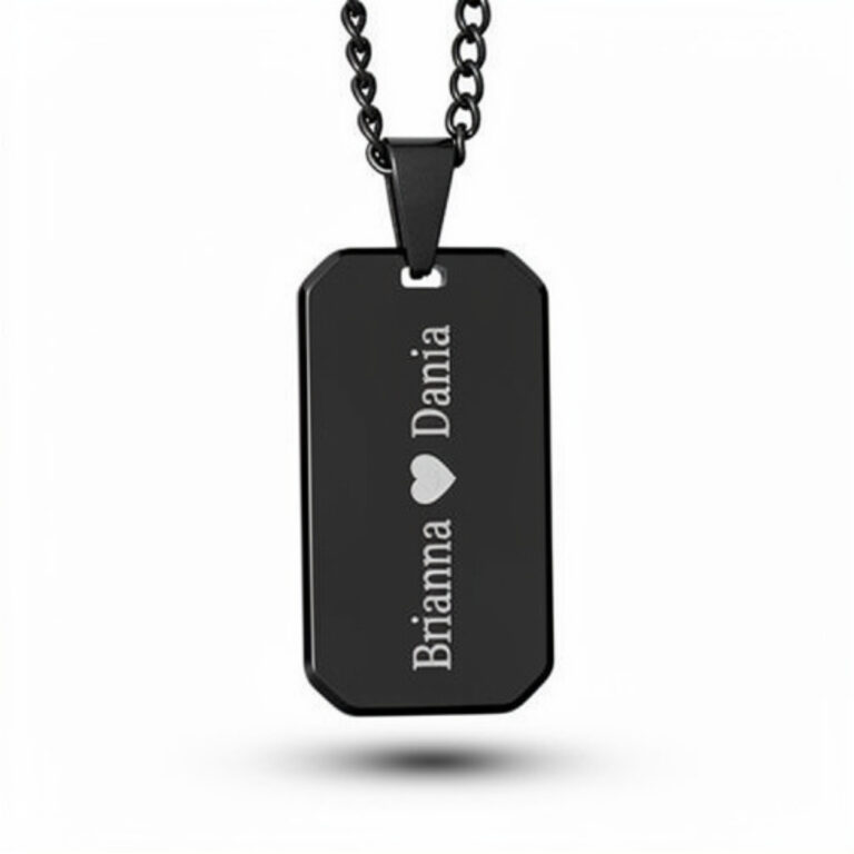 Onyx dog tag necklace for men on a white background, engraved with two names and a heart on a black curb chain