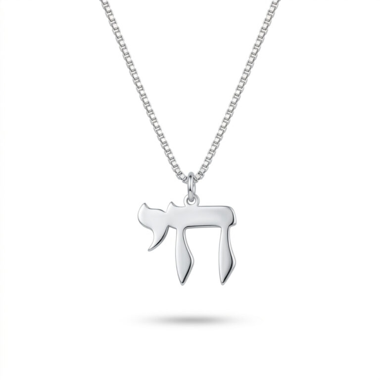 925 sterling silver Hebrew Chai necklace on a white background, front view of the letters Chet and Yud spelling life