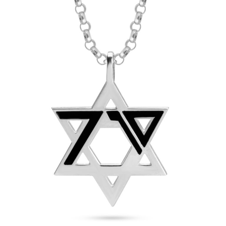 Silver Star of David pendant with black enamel 7.10 design on a rolo chain, white background
