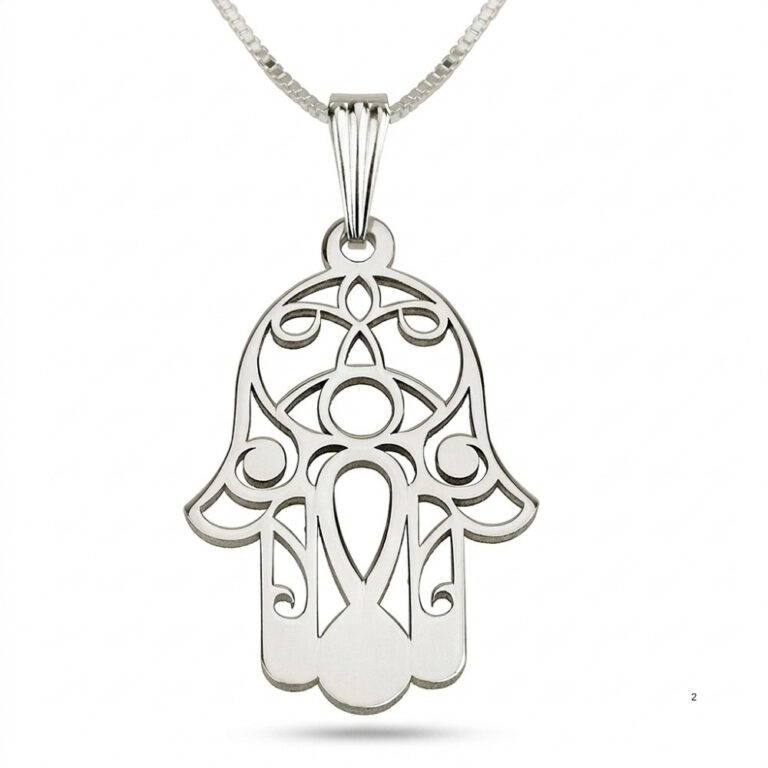Front view of a minimalist 925 sterling silver Hamsa pendant with cut-out evil eye design on a white background