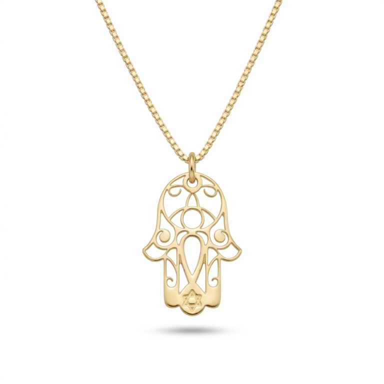 14K yellow gold filigree Hamsa pendant with a small Star of David at the base, on a gold box chain, white background