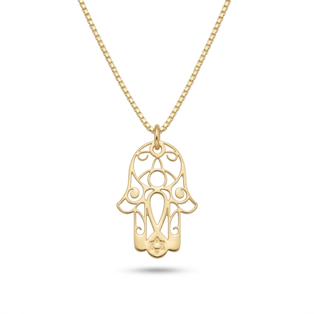 Hamsa Necklace with Star of David, 14K Solid Gold 20mm Pendant, Yellow or White Hamsa Necklace with Star of David, 14K Solid Gold 20mm Pendant, Yellow or White
