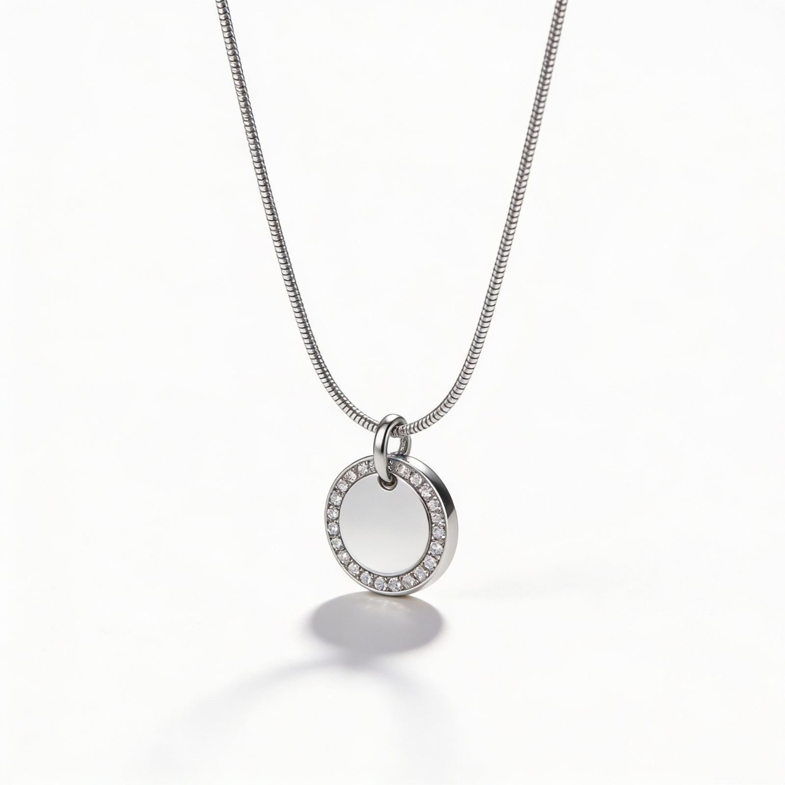 Zircon Halo Necklace, Stainless Steel 15mm Round Pendant, Custom Engraved Zircon Halo Necklace, Stainless Steel 15mm Round Pendant, Custom Engraved