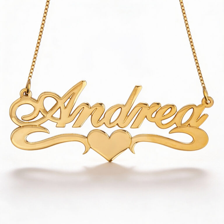 14K yellow gold Hebrew name necklace with a heart nameplate in script lettering, on a white background