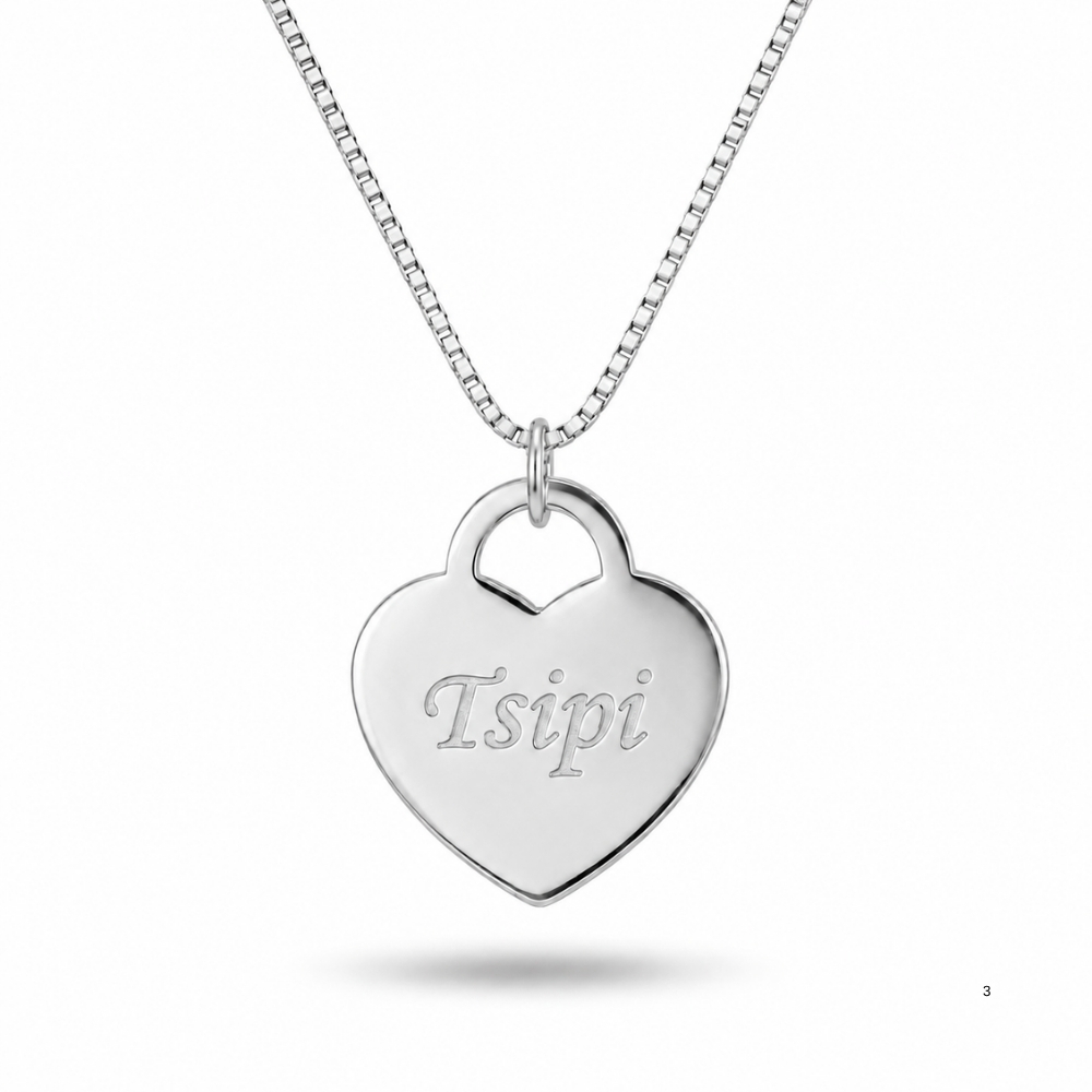 14K solid white gold heart necklace engraved with a name, white background