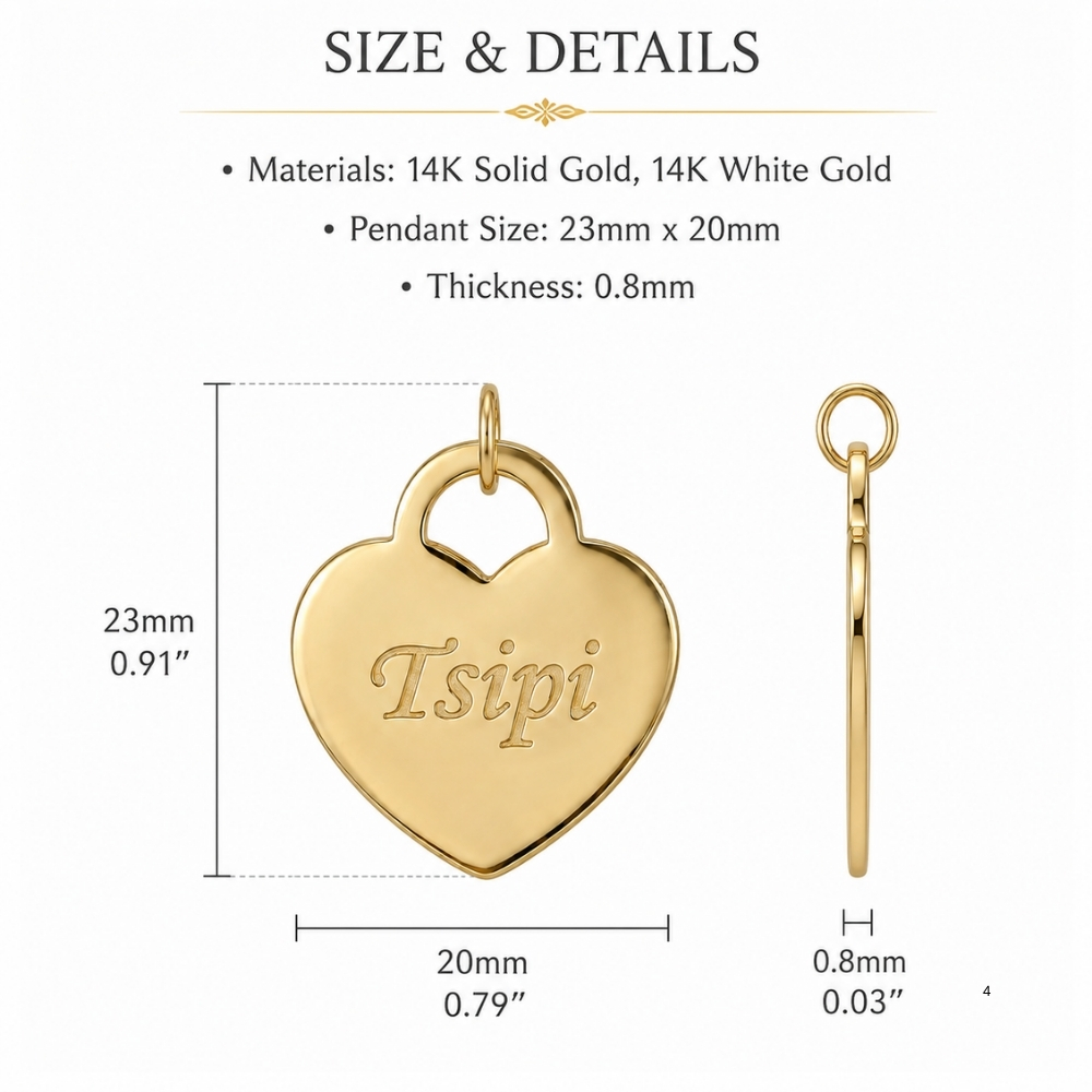 14K gold heart pendant dimensions, 23 mm by 20 mm and 0.8 mm thick