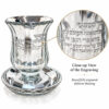 Close-up of the Hebrew Vayechulu Kiddush engraving on the crystal kiddush cup with silver finish