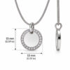 Zircon halo round pendant dimensions: 15 x 15 mm (0.59 in), front and side view