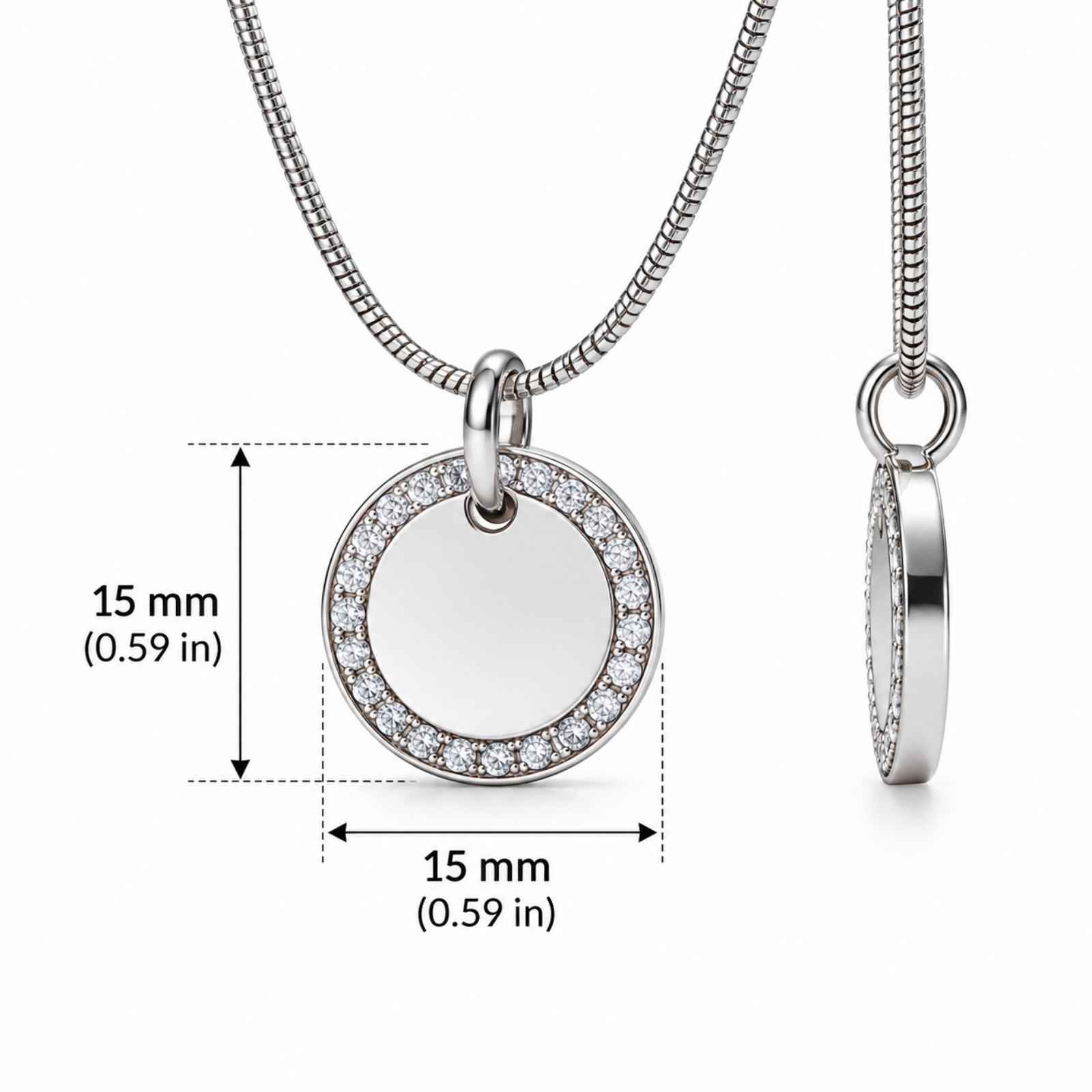 Zircon Halo Necklace, Stainless Steel 15mm Round Pendant, Custom Engraved Zircon Halo Necklace, Stainless Steel 15mm Round Pendant, Custom Engraved