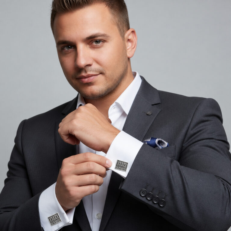 Groom in a dark suit adjusting personalized sterling silver Jerusalem cufflinks on a white French-cuff shirt