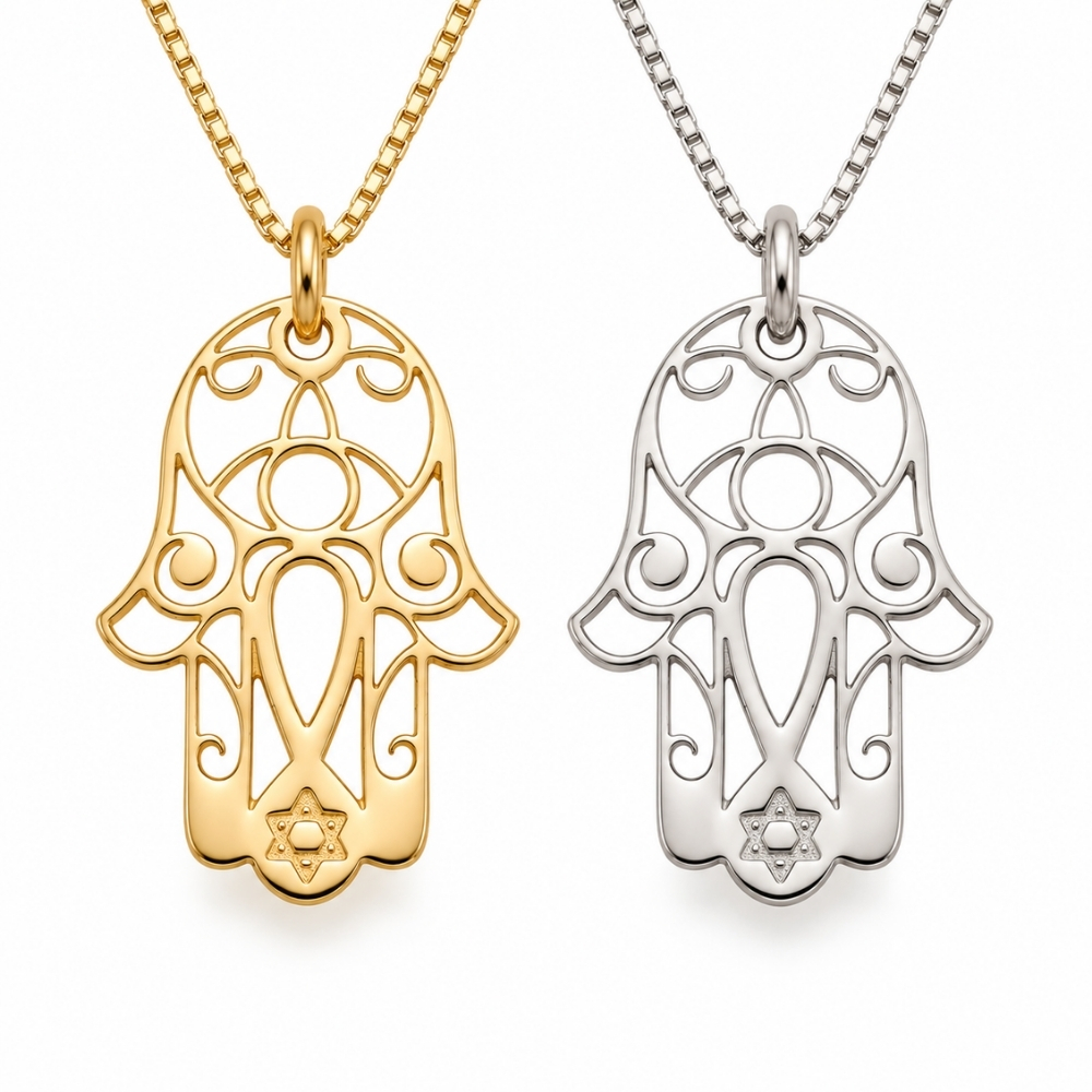 Hamsa Necklace with Star of David, 14K Solid Gold 20mm Pendant, Yellow or White Hamsa Necklace with Star of David, 14K Solid Gold 20mm Pendant, Yellow or White