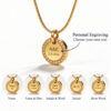Gold zircon halo pendant engraved A&E 2.5.2024 with engraving examples: name, name and date, initials and word, initials, short word