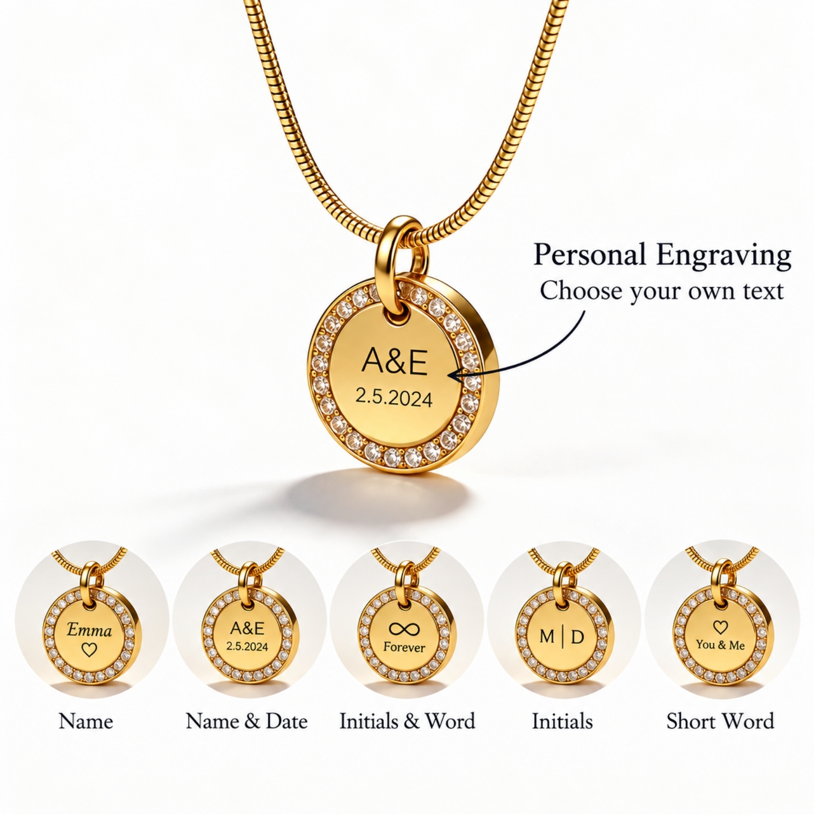 Zircon Halo Necklace, Stainless Steel 15mm Round Pendant, Custom Engraved Zircon Halo Necklace, Stainless Steel 15mm Round Pendant, Custom Engraved