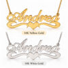 14K yellow gold and 14K white gold heart name necklaces shown side by side