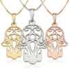 Three Hamsa evil eye pendants side by side in 24K gold plated, 925 sterling silver and rose gold plated