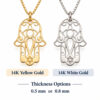 14K yellow gold and 14K white gold Hamsa pendants side by side with thickness options 0.5 mm or 0.8 mm