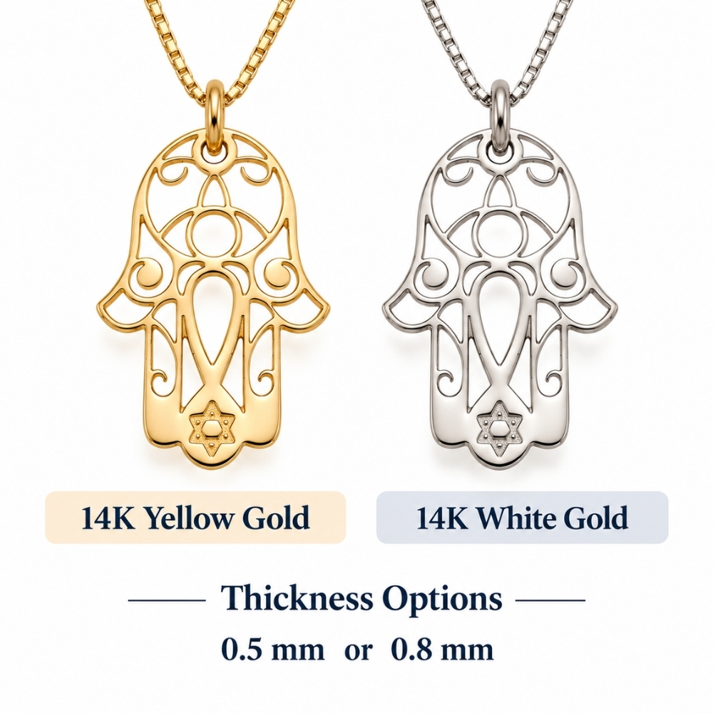 Hamsa Necklace with Star of David, 14K Solid Gold 20mm Pendant, Yellow or White Hamsa Necklace with Star of David, 14K Solid Gold 20mm Pendant, Yellow or White