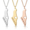 Sterling silver, 24K gold plated and rose gold plated engraved Israel map necklace with cut-out heart necklaces side by side