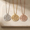 Silver, gold and rose gold family tree necklaces with names on Jerusalem stone