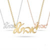 Three Hebrew script name necklaces in silver, gold plated and rose gold plated
