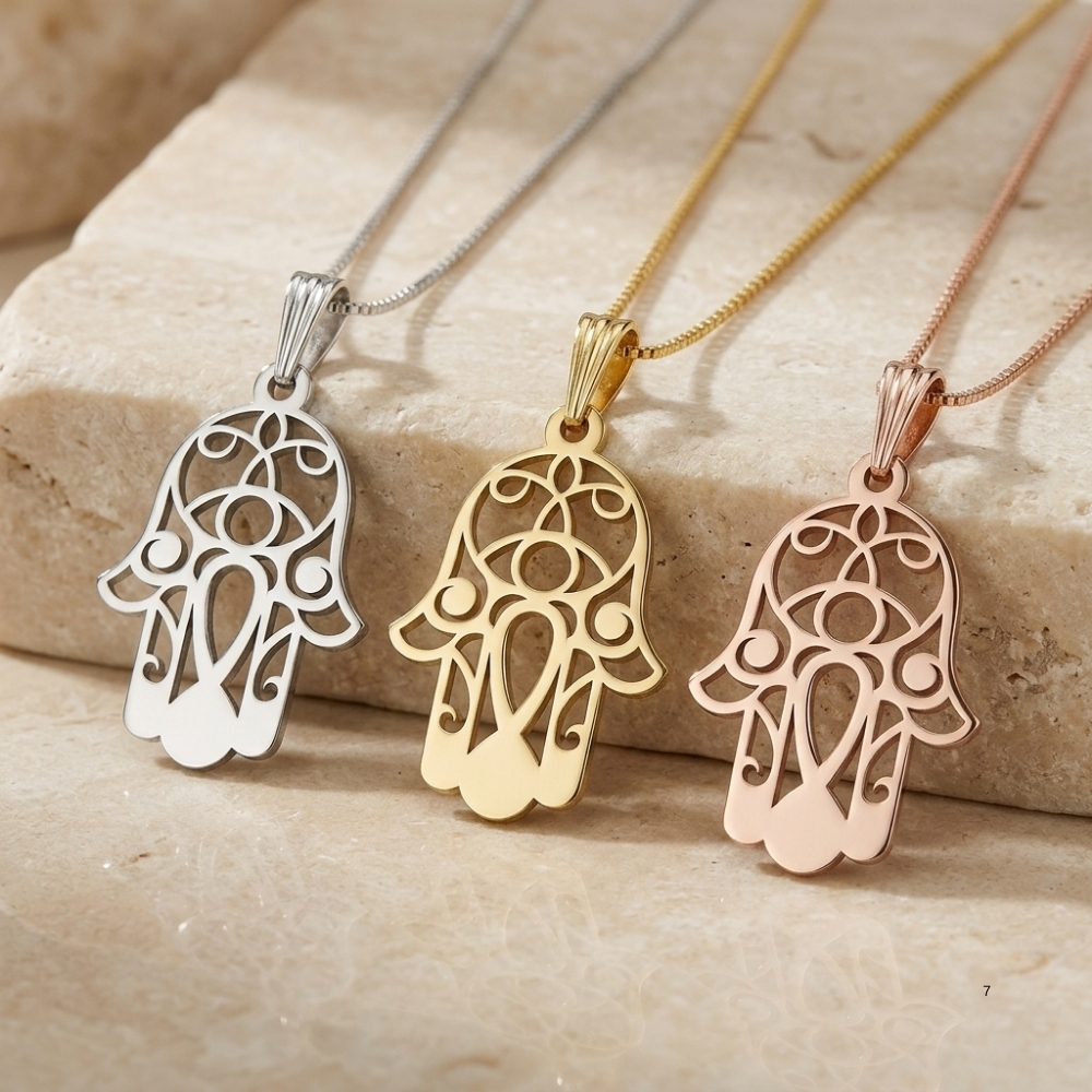 Sterling Silver Hamsa Necklace with Evil Eye, Minimalist Protection Pendant Sterling Silver Hamsa Necklace with Evil Eye, Minimalist Protection Pendant