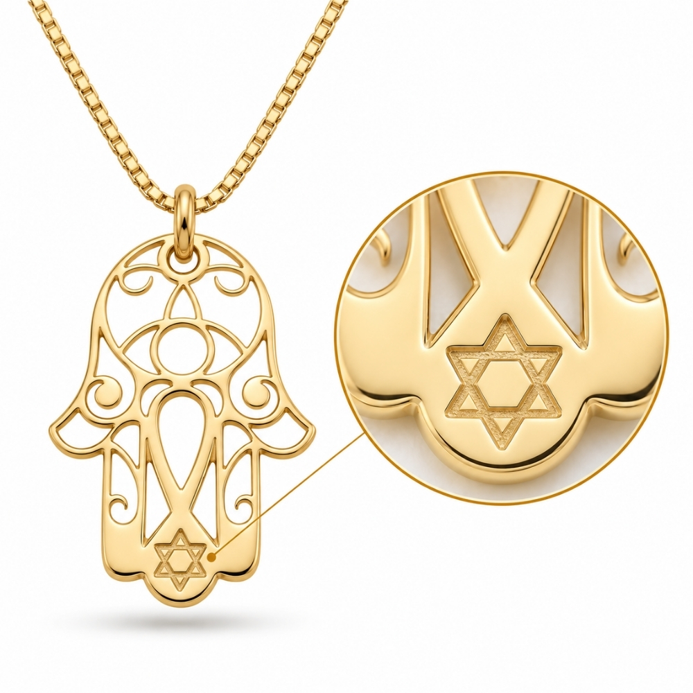 Hamsa Necklace with Star of David, 14K Solid Gold 20mm Pendant, Yellow or White Hamsa Necklace with Star of David, 14K Solid Gold 20mm Pendant, Yellow or White