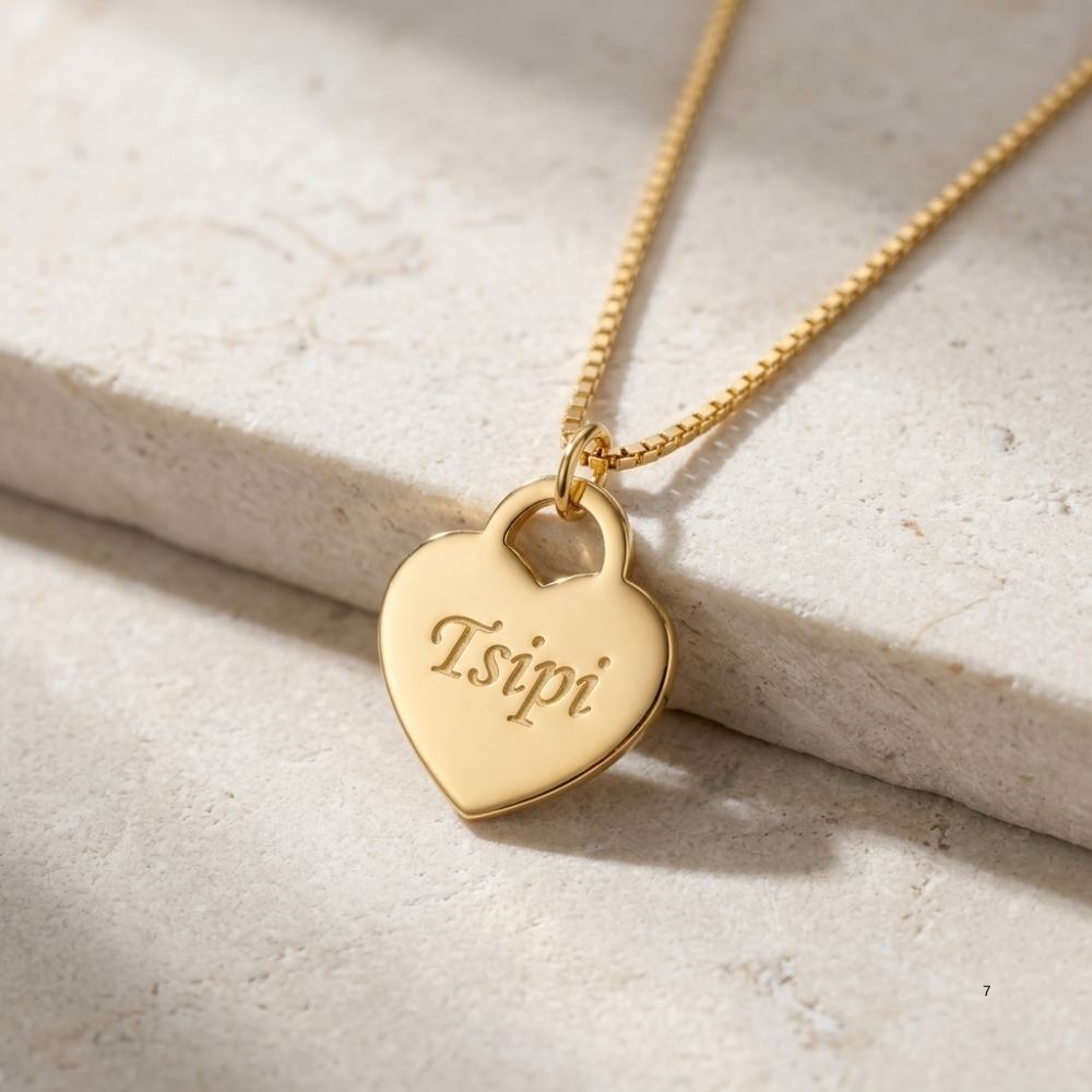 14K yellow gold engraved name heart pendant on stone