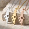 Sterling silver, 24K gold plated and rose gold plated engraved Israel map necklace with cut-out heart necklaces on stone