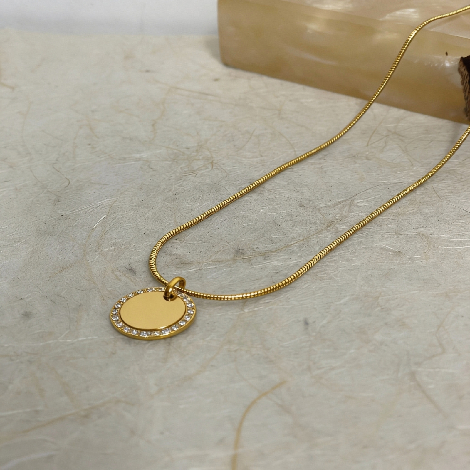 Zircon Halo Necklace, Stainless Steel 15mm Round Pendant, Custom Engraved Zircon Halo Necklace, Stainless Steel 15mm Round Pendant, Custom Engraved