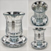 Crystal kiddush cup shown from several angles, engraved Vayechulu Shabbat goblet with saucer
