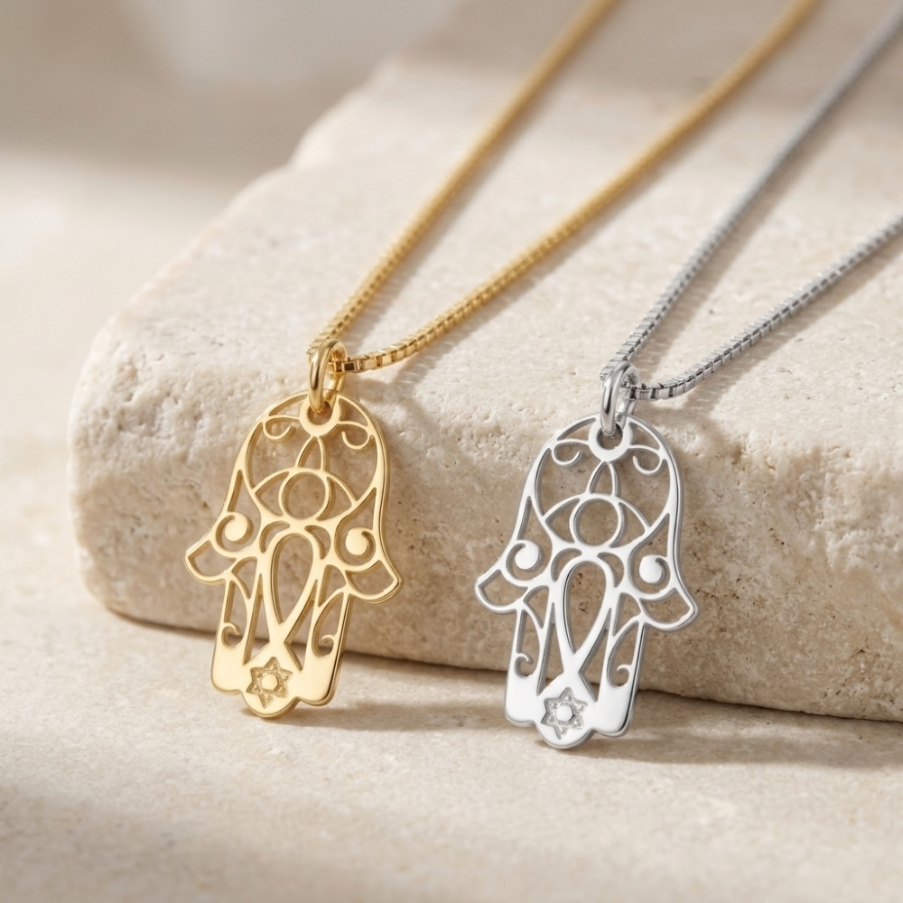 Hamsa Necklace with Star of David, 14K Solid Gold 20mm Pendant, Yellow or White Hamsa Necklace with Star of David, 14K Solid Gold 20mm Pendant, Yellow or White