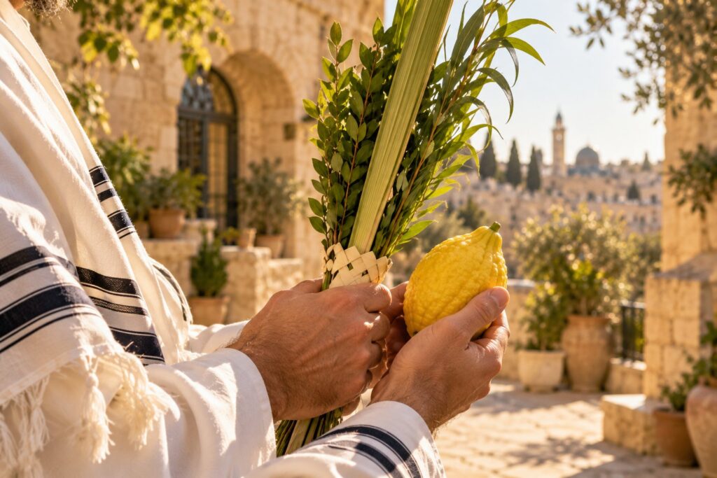 Hands holding the Four Species for Sukkot, a lulav with myrtle and willow and a yellow etrog, in a Jerusalem stone courtyard