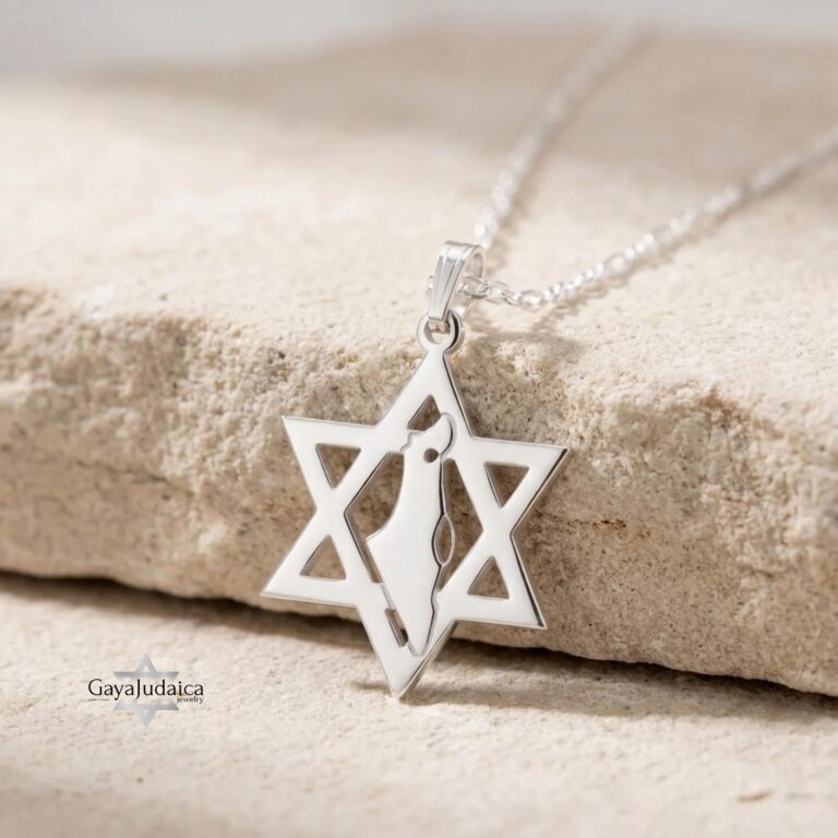 Star of David Necklace with Israel Map Cut-Out — sterling silver Star of David pendant on Jerusalem stone