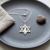Star of David Necklace with Israel Map Cut-Out — necklace presented on a dark ceramic plate