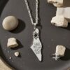 Israel Map Necklace with Hebrew Bible Verse — silver map pendant with smooth river stones