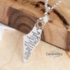 Israel Map Necklace with Engraved Bible Verse — silver pendant against olive wood