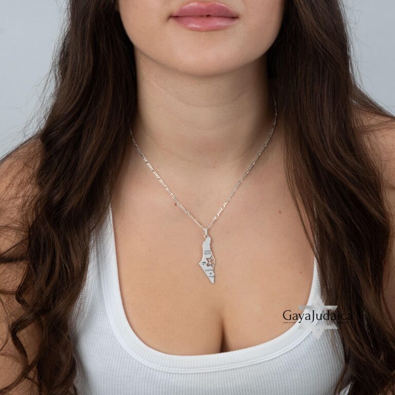 Shema Yisrael Israel Map Necklace — model wearing the Shema Yisrael map necklace