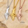 Israel Map Necklace with Cut-Out Star of David — three finishes displayed on Jerusalem stone