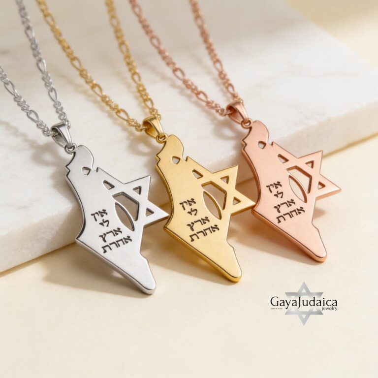 Israel map and Star of David necklaces in silver, gold and rose gold