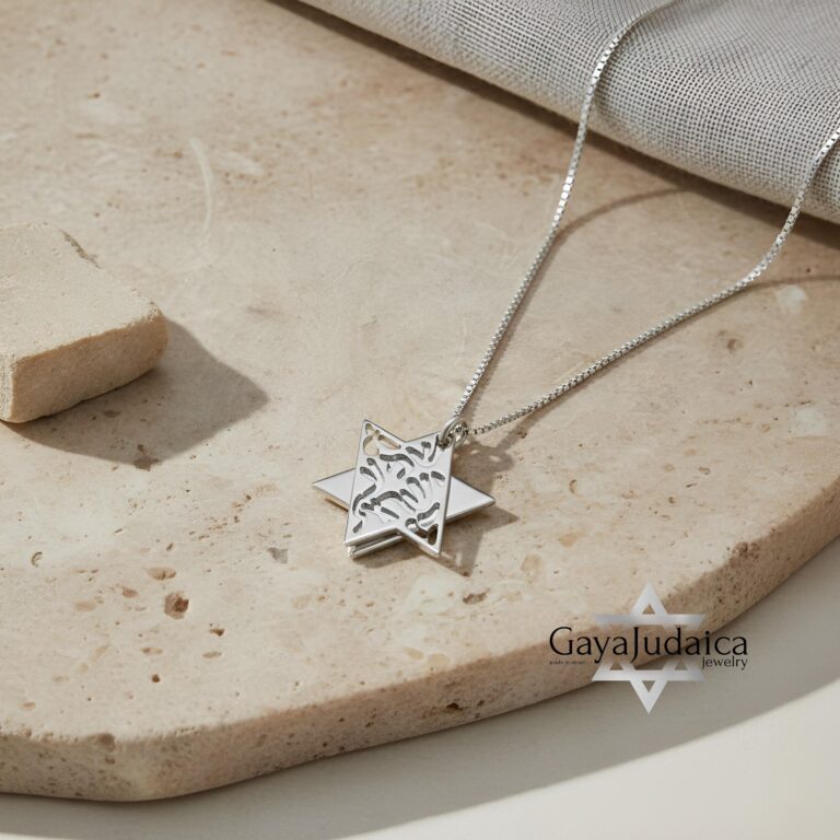 Gold plated layered Star of David necklace with Shema Yisrael on travertine